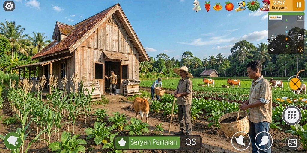 Tampilan menarik gameplay dalam 2757 yang menggambarkan aktivitas bertani.