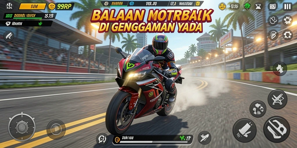 Screenshot menampilkan aksi balapan motor yang mendebarkan di 99RP.
