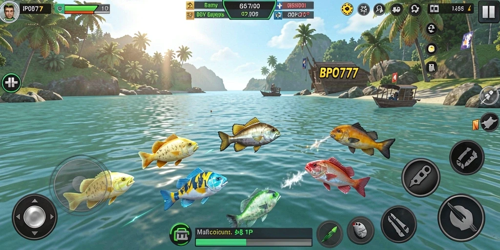Tampilan gameplay BPO777 saat menangkap ikan.