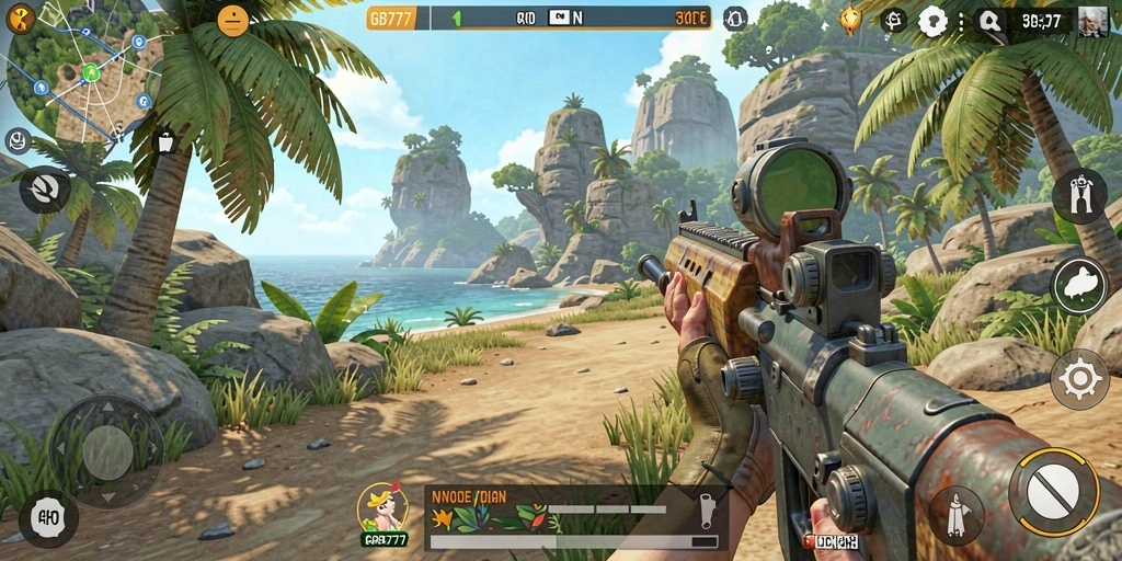 Screenshot gameplay GB777 yang menunjukkan eksplorasi dunia terbuka.