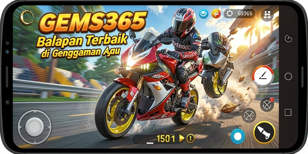 Tampilan gameplay balapan motor yang mendebarkan di GEMS365.