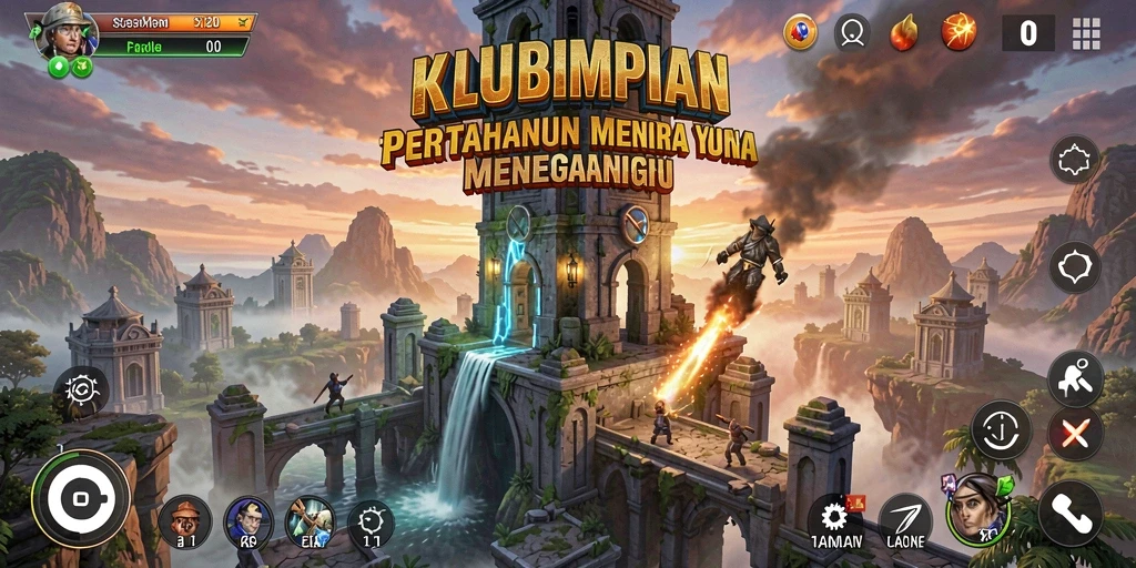 Screenshot gameplay KLUBIMPIAN dengan menara mempertahankan serangan musuh.