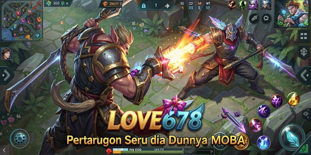 Screenshot utama LOVE678 menampilkan aksi seru dalam permainan MOBA.