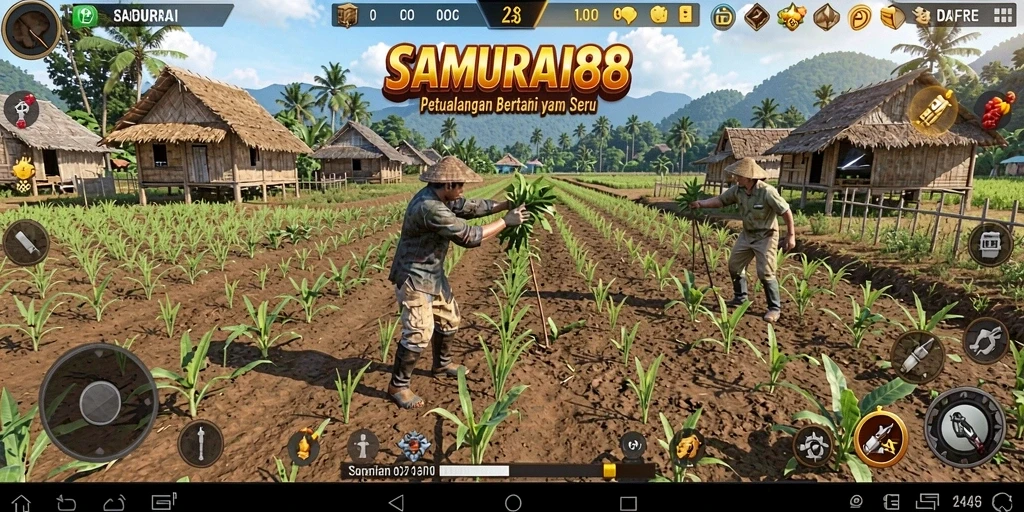 Screenshot dari gameplay <strong>SAMURAI88</strong> yang menunjukkan suasana pertanian yang asri.