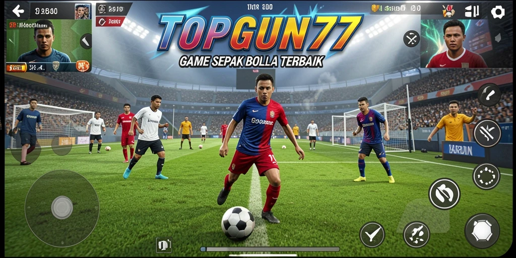 Tampilan gameplay seru dari TOPGUN77 dengan aksi sepak bola yang mendebarkan.