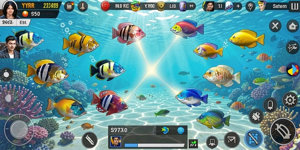 Screenshot gameplay YYRR menampilkan aksi tembak ikan yang seru.