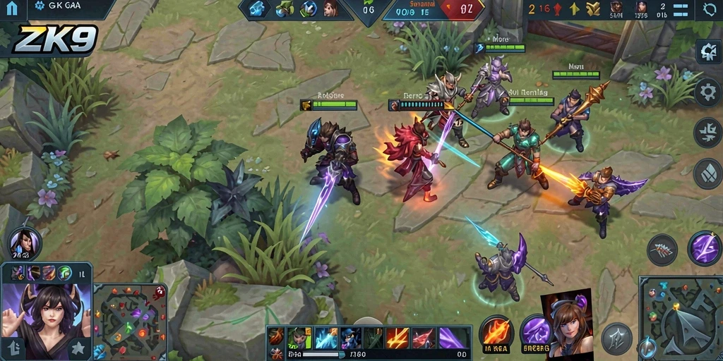 Screenshot ZK9 yang menunjukkan aksi intens di medan perang MOBA.